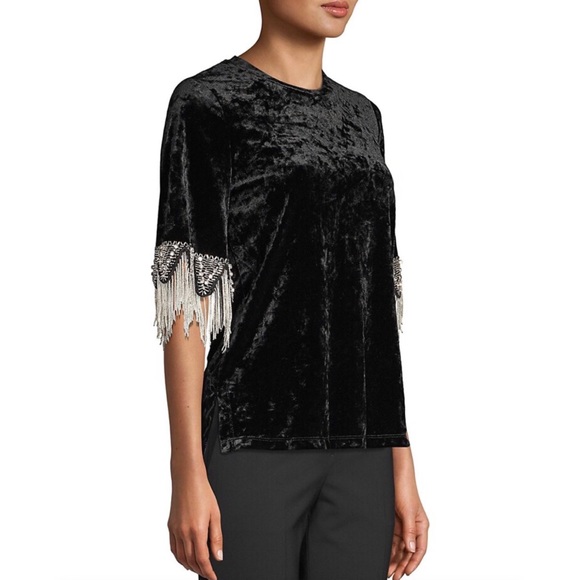 Kobi Halperin Jennifer Velvet Crewneck Fringe-Cuff in Topaz, S - Picture 6 of 11